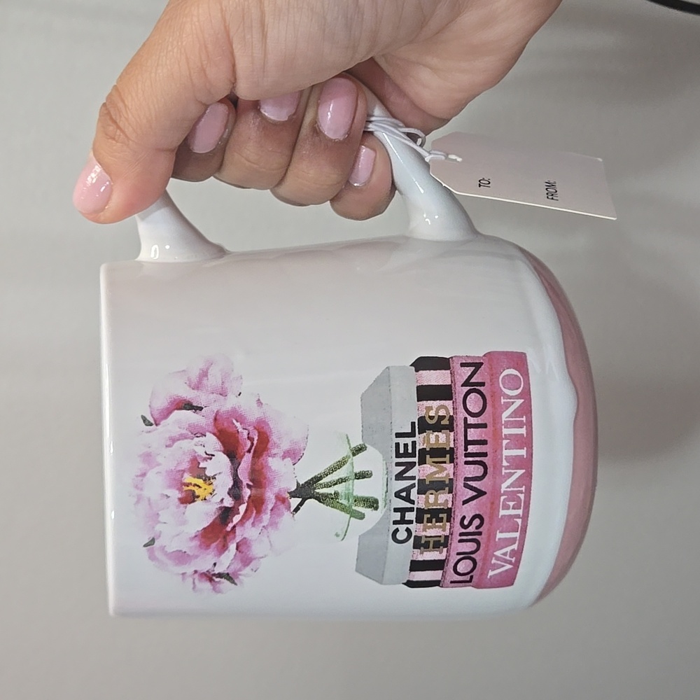 NWT Pink Mug designer names printed on, ceramic